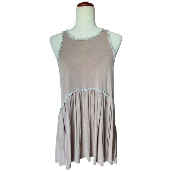 POL Babydoll Pink Mauve Tunic Tank Top Lace Trim Taupe Flowy Sleeveless M - Picture 1 of 6